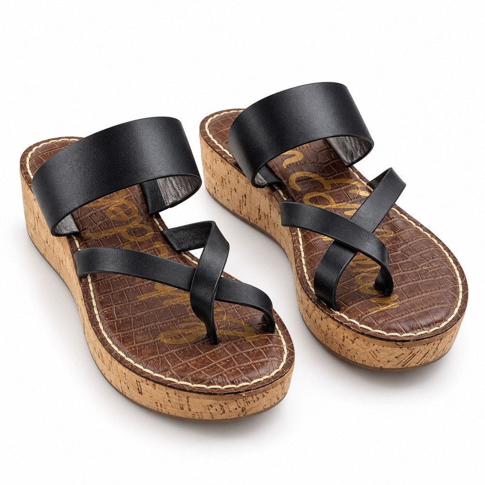 Sam Edelman Vintage Y2K Black Leather Cork Platform Wedge Sandals Women Size 10